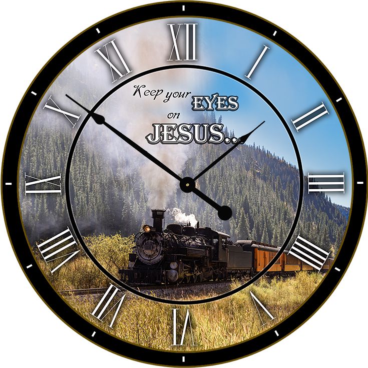 22.5" Round Melody Clock- Beautiful Peaceful Mountain scene With Steam Locomotive Chugging Through the Mountains Lyric Clock