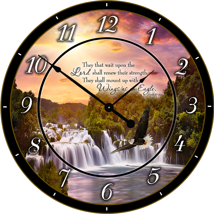 22.5" Round Melody Clock- Beautiful Waterfall Scene with Sunset in the Background Lyric Clock