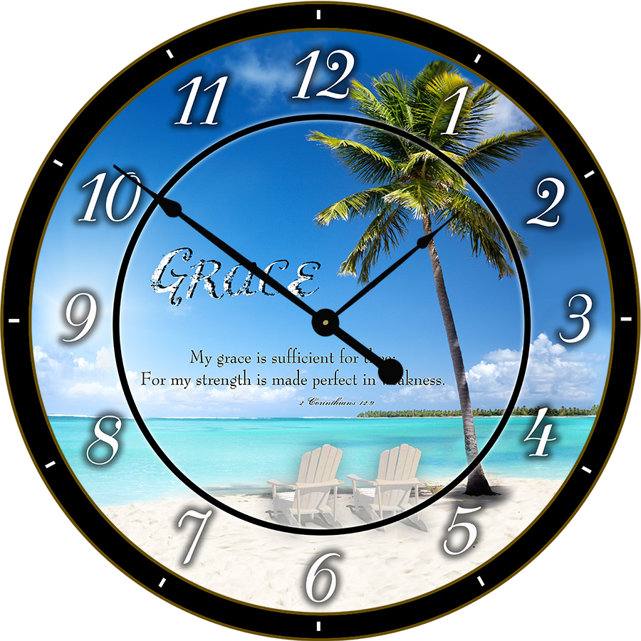 22.5" Round Melody Clock- Grace Quote on a Sunny Day at the Beach Background Lyric Clock