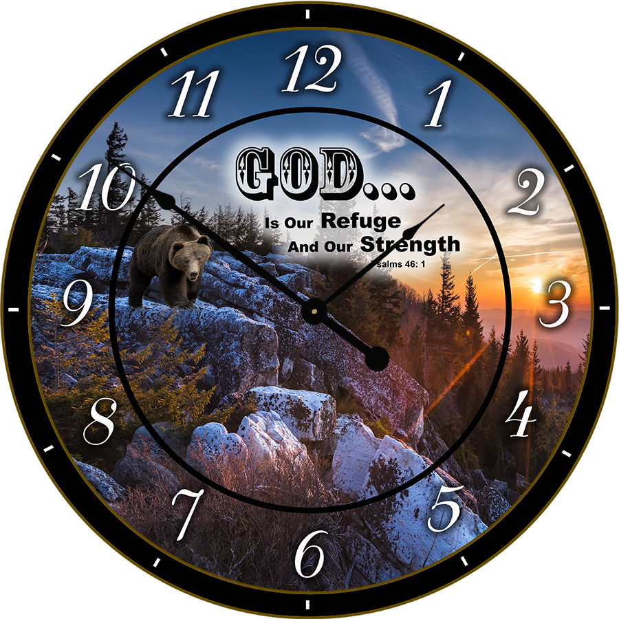 22" ~  Round Melody Clock - Brown Bear on Mountains with Sunset Lyric Clock Lyric Clock