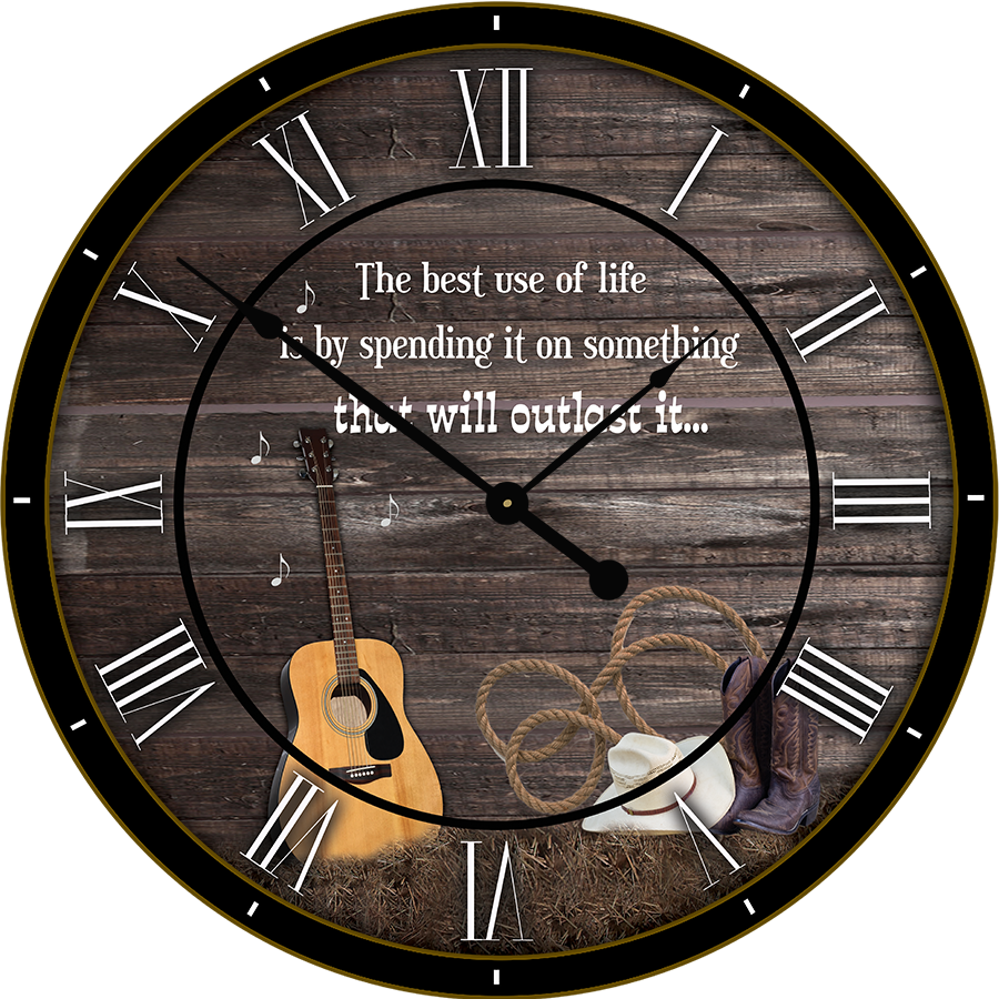 22" round Melody Clock - Cowboy Hat with Cowboy Boots and Guitar Lyric Clock