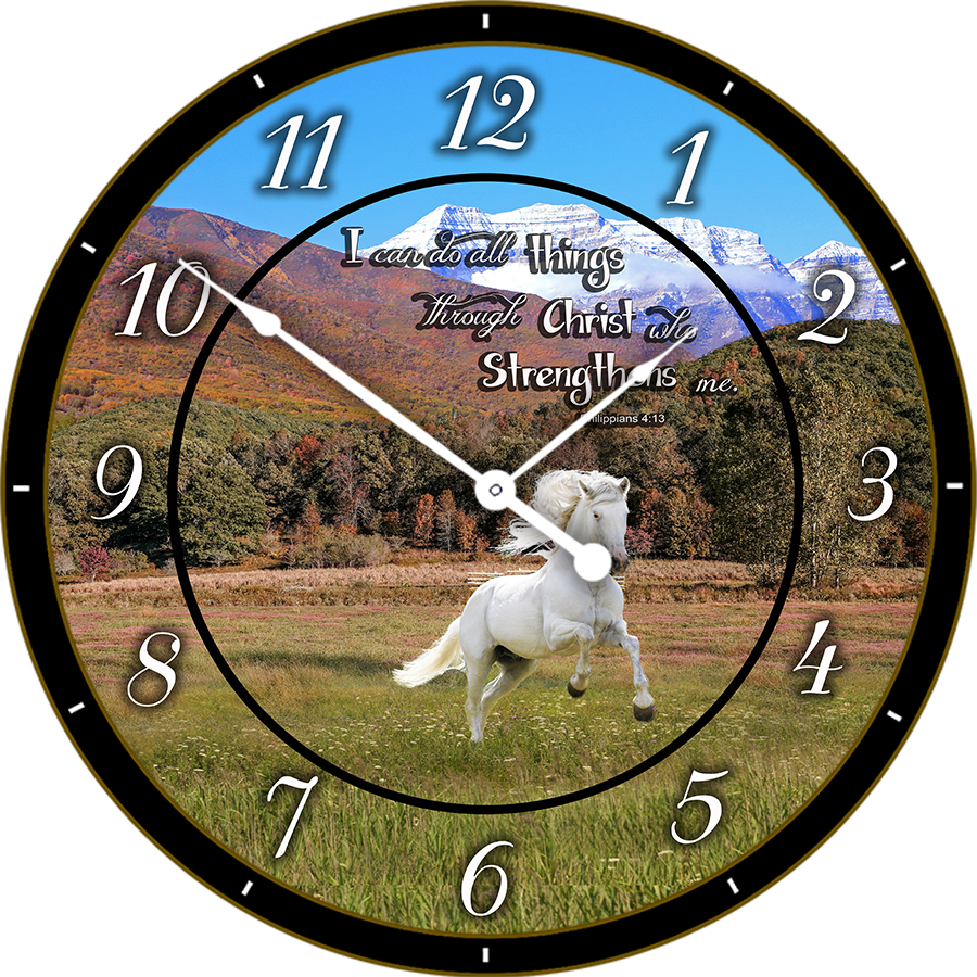 22.5" Round Melody Clock- Beautiful Quote with White Horse in Field with Mountain Lyric Clock