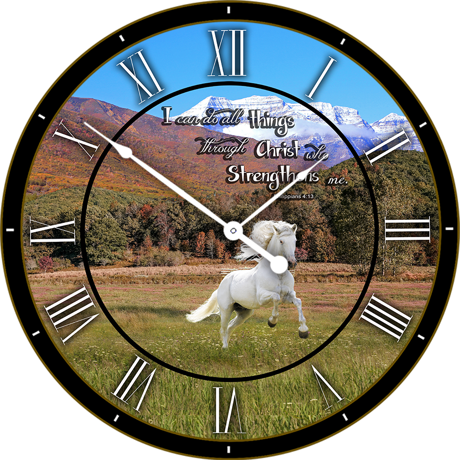 22" ~ Round Melody Clock - White Horse in Field with Mountains Lyric Clock