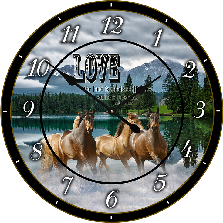 22.5" Round Melody Clock- Beautiful Brown Running Horses in the River Lyric Clock