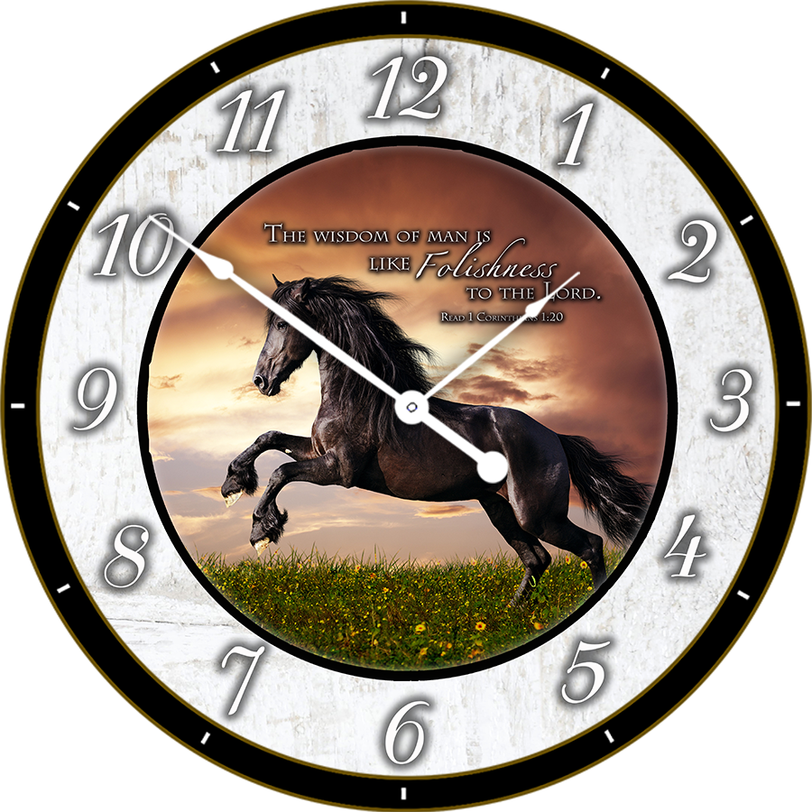 22.5" Round Melody Clock- Gallant Black Stallion on the Field Lyric Clock