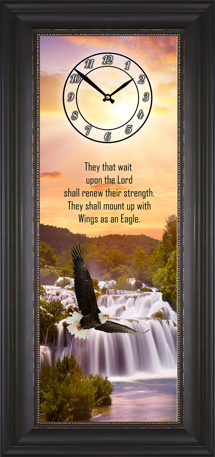 10” w x 28” h Framed Melody Clock- Beautiful Waterfall with Sunset and Eagle in Sight Lyric Clock