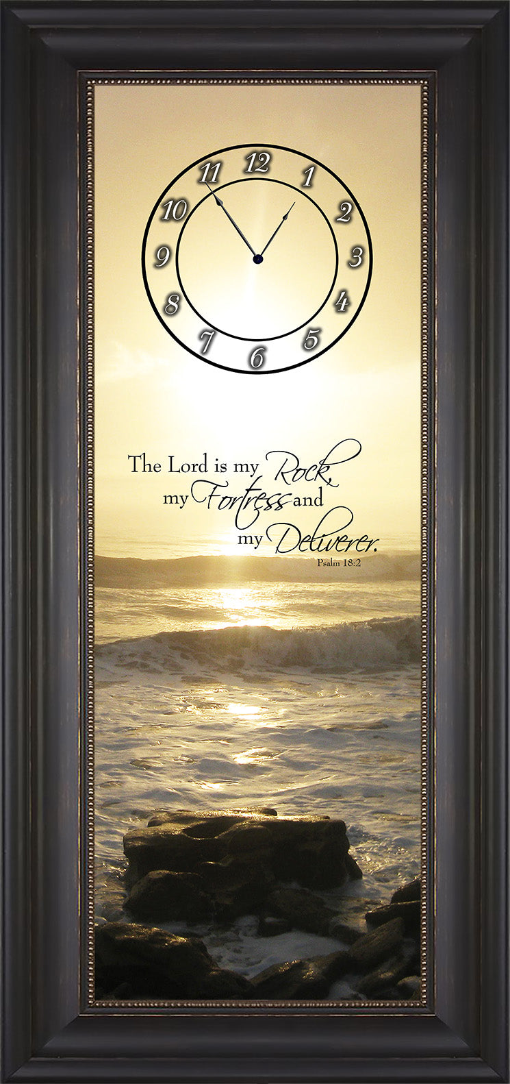 10” w x 28” h Framed Melody Clock- Beautiful Peaceful Beach with Sunrise in the Background Lyric Clock