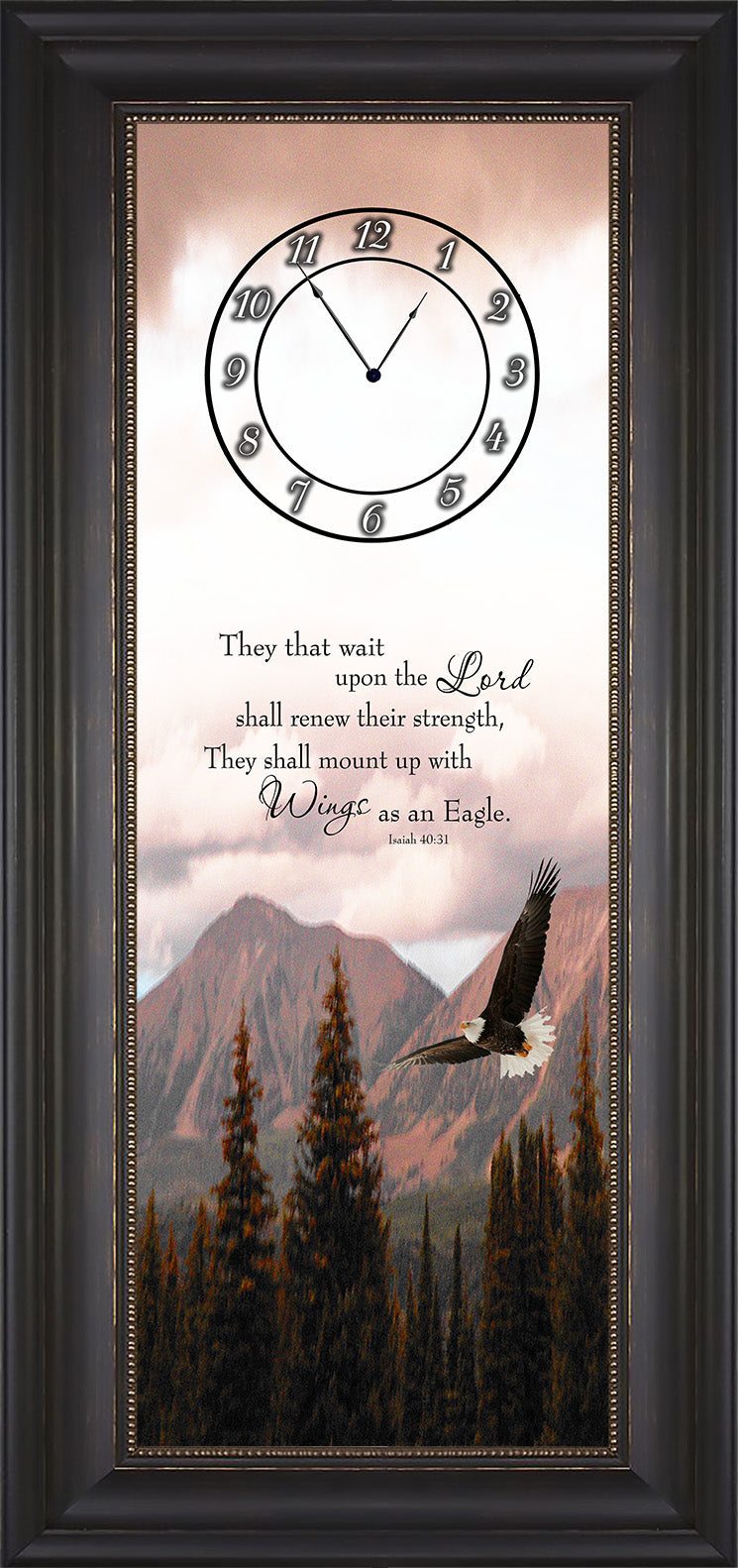 10” w x 28” h Framed Melody Clock- Beautiful Tall Trees with Mountains in the Background Lyric Clock