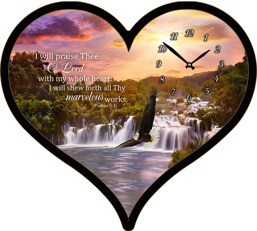 25"w x 21"h  Heart Shaped Melody Clock- Beautiful waterfall with sunset in background Lyric Clock