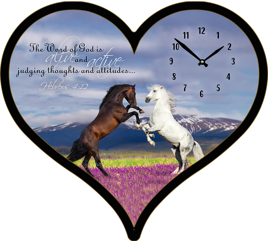 25"w x 21"h  Heart Shaped Melody Clock- Beautiful Black and White Horses Lyric Clock