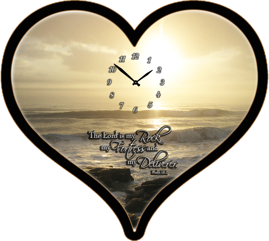 25"w x 21"h  Heart Shaped Melody Clock- Beautiful Beach at Sunrise Lyric Clock