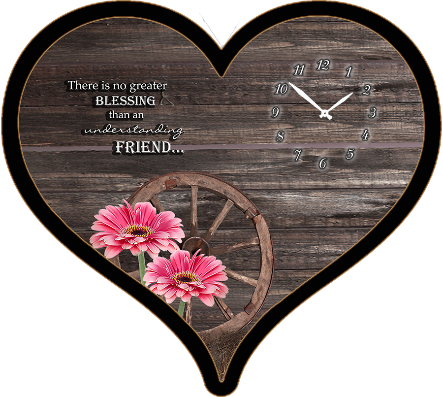 25"w x 21"h  Heart Shaped Melody Clock- Beautiful Bunch of Flowers With Wheel in the Background Lyric Clock