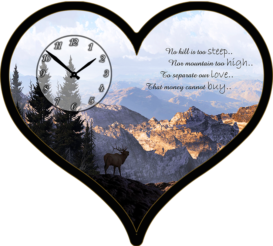 25"w x 21"h  Heart Shaped Melody Clock- Beautiful Mountains with a Moose in Sight Lyric Clock