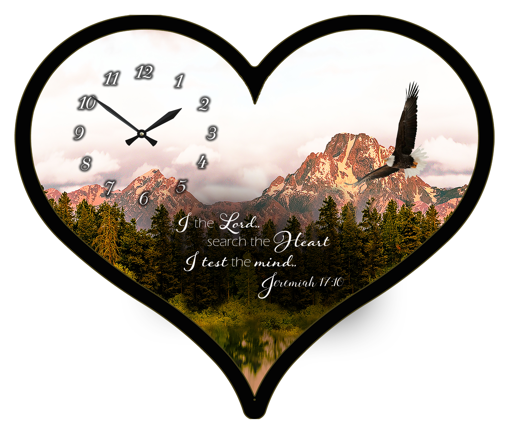 25"w x 21"h  Heart Shaped Melody Clock- Agile Eagle Soaring High with Mountains and Trees in the Background Lyric Clock