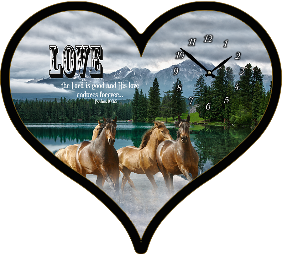 25"w x 21"h  Heart Shaped Melody Clock- Beautiful Brown Horses Running in Water Lyric Clock