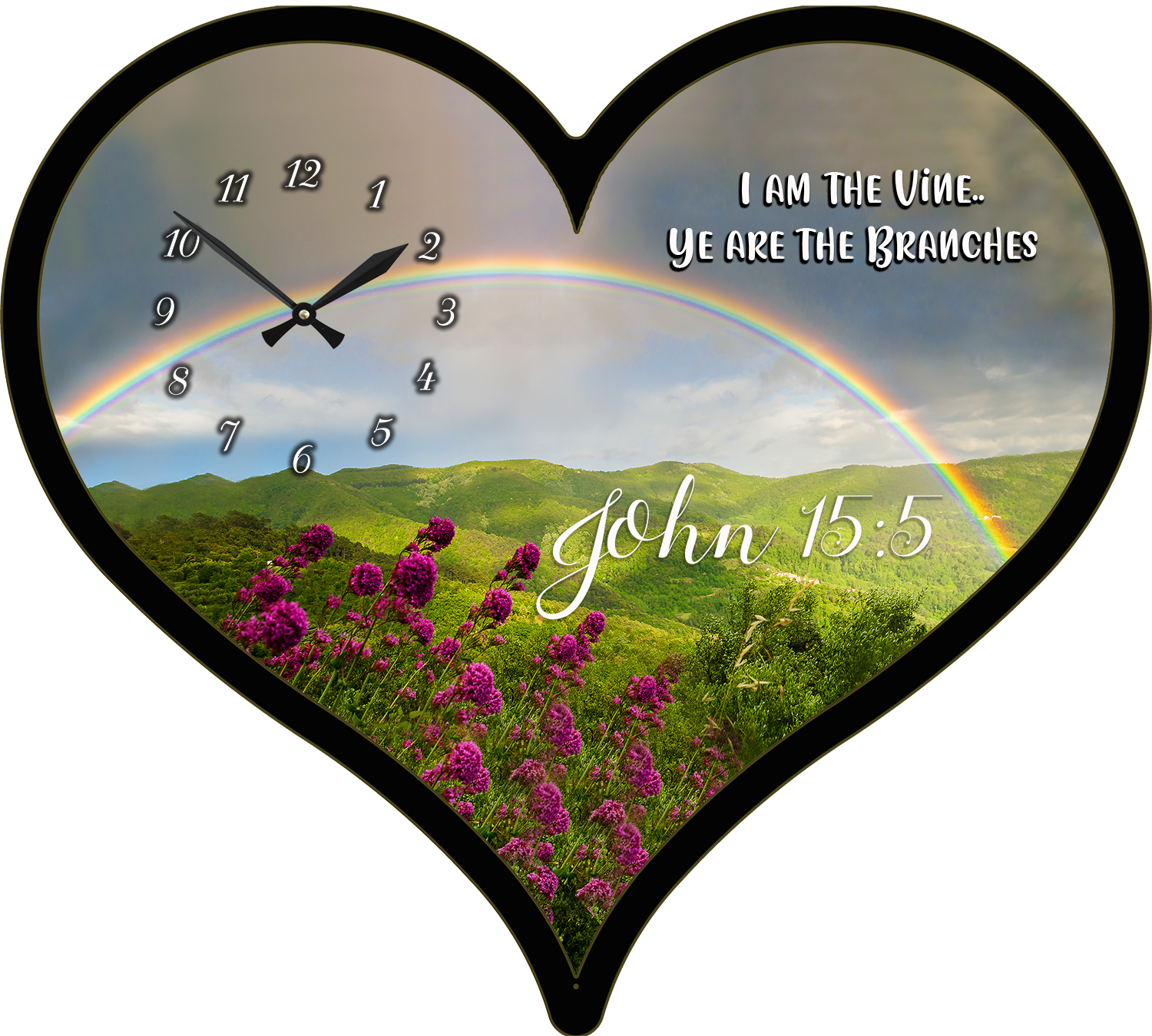 25"w x 21"h  Heart Shaped Melody Clock- Beautiful Flower Garden with Rainbow in the Background Lyric Clock