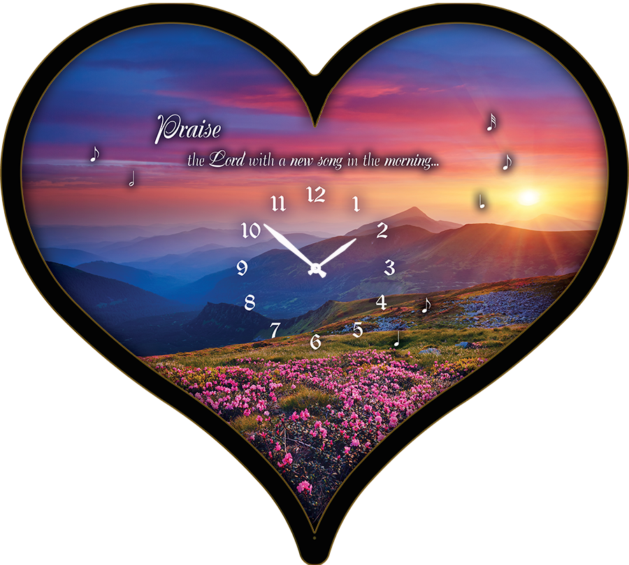 25"w x 21"h  Heart Shaped Melody Clock- Beautiful Flower Garden with Sunset in the Background Lyric Clock