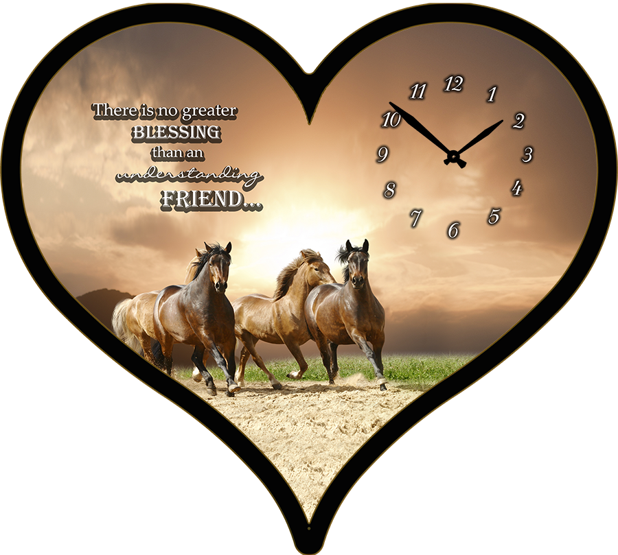 25"w x 21"h  Heart Shaped Melody Clock- Beautiful Brown Horses Lyric Clock