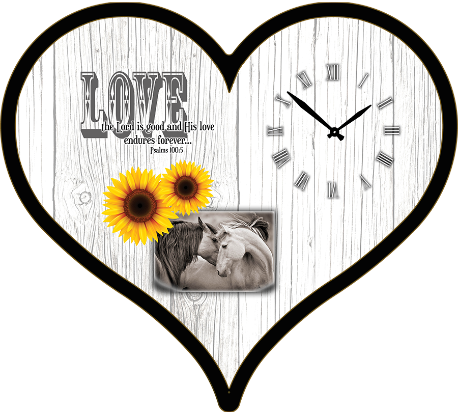 25"w x 21"h  Heart Shaped Melody Clock- Beautiful Sunflowers with 2 Horses in a Picture Lyric Clock