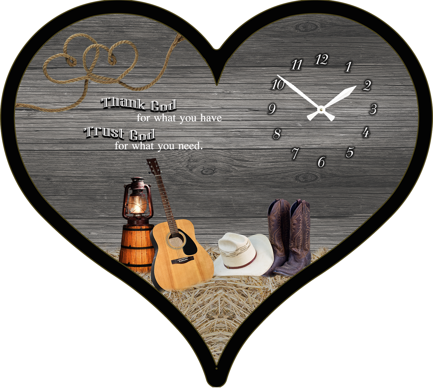 25"w x 21"h  Heart Shaped Melody Clock- Lovers knot and Acoustic guitar with Boots, Lantern and a Cowboy Hat Lyric Clock